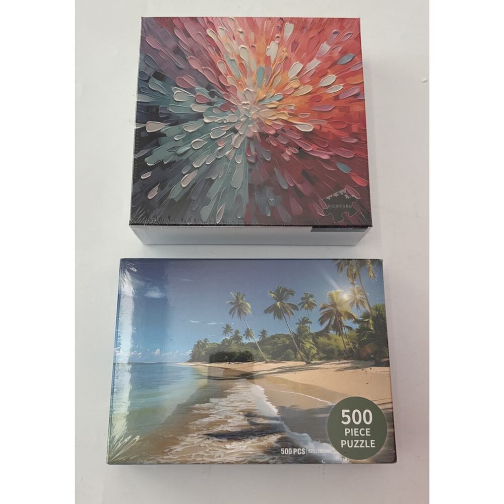 Lot of 2 Jigsaw Puzzles SEALED NIB 1000 Piece Beach and 500pc Color Explosion